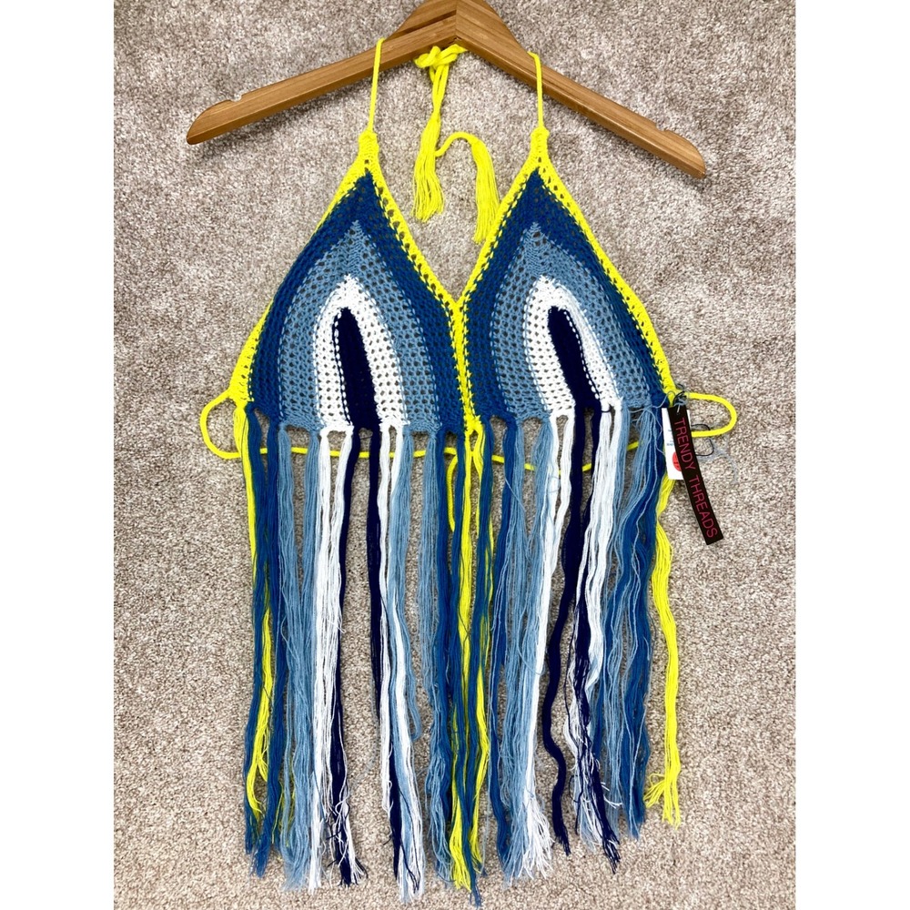 Trendy Threads Evil Eye Crochet Fringe Halter Top Womens XL Blue Yellow Festival